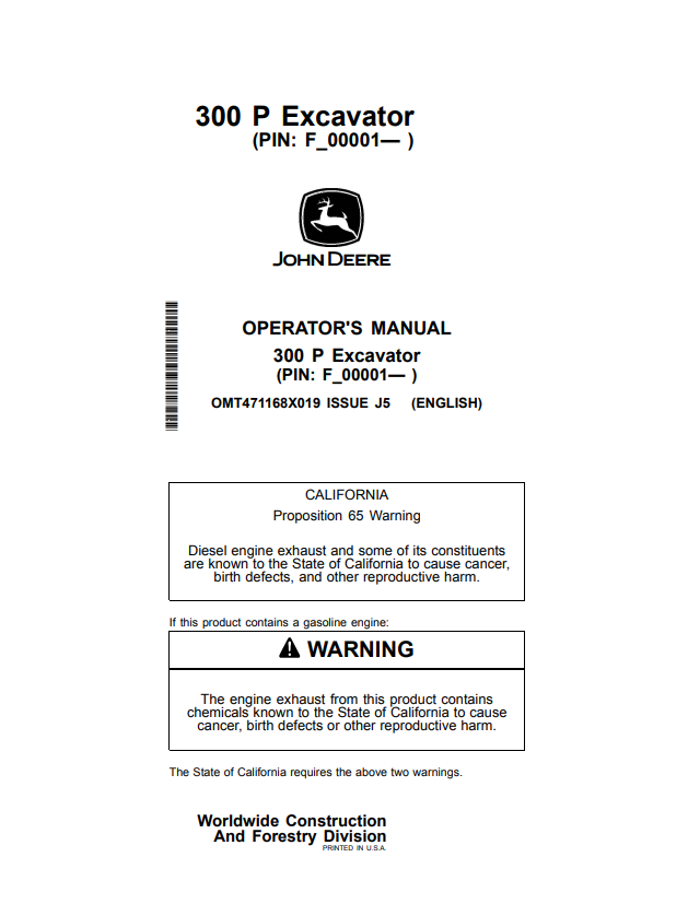 JOHN DEERE 300 P EXCAVATOR OPERATOR MANUAL OMT471168X019