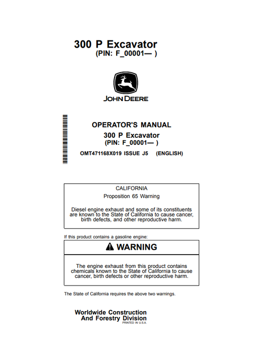JOHN DEERE 300 P EXCAVATOR OPERATOR MANUAL OMT471168X019
