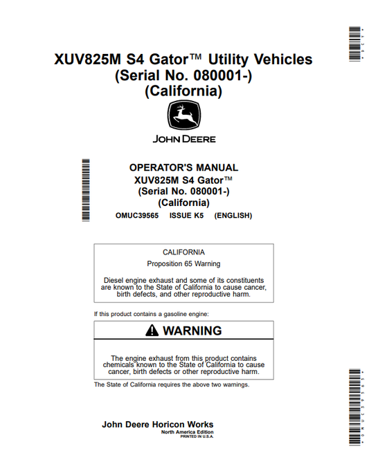 JOHN DEERE XUV825M S4 GATOR™ UTILITY VEHICLES OPERATOR MANUAL OMUC39565