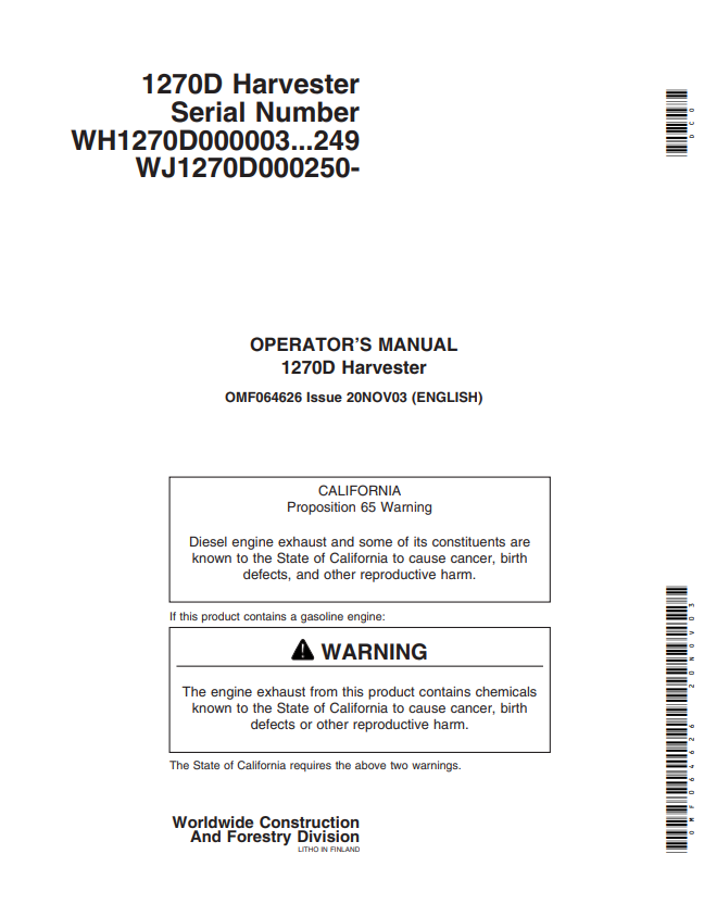 JOHN DEERE 1270D HARVESTER OPERATOR MANUAL OMF064626
