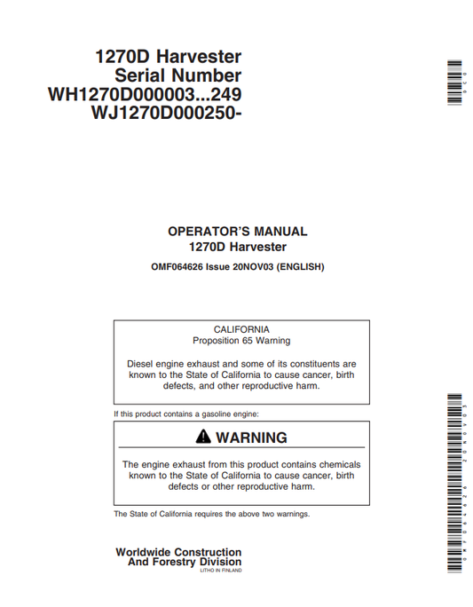 JOHN DEERE 1270D HARVESTER OPERATOR MANUAL OMF064626