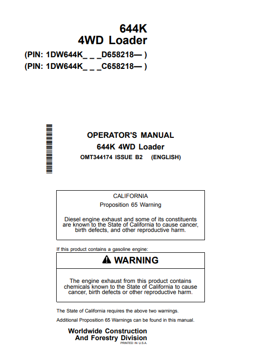 JOHN DEERE 644K 4WD LOADER OPERATOR MANUAL OMT344174