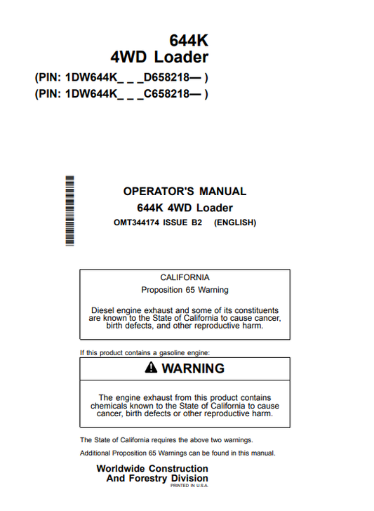 JOHN DEERE 644K 4WD LOADER OPERATOR MANUAL OMT344174