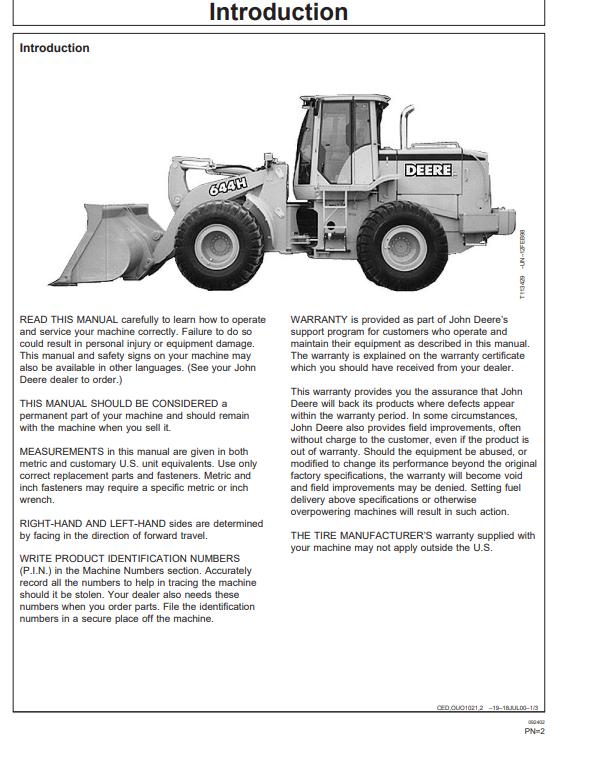 JOHN DEERE 644H LOADER AND 644H MH MATERIAL HANDLER OPERATOR MANUAL OMT180475