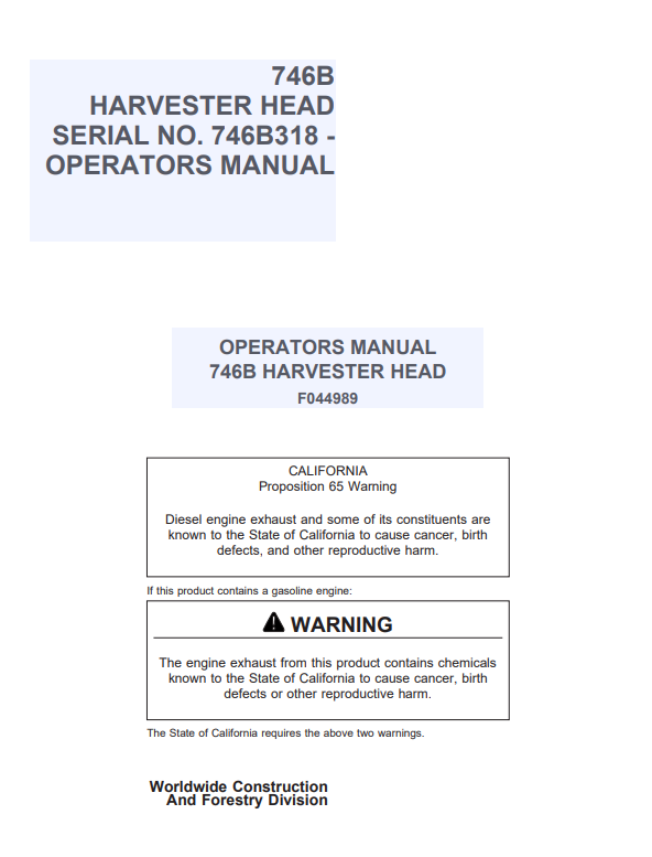 JOHN DEERE 746B HARVESTER HEAD OPERATOR MANUAL F044989