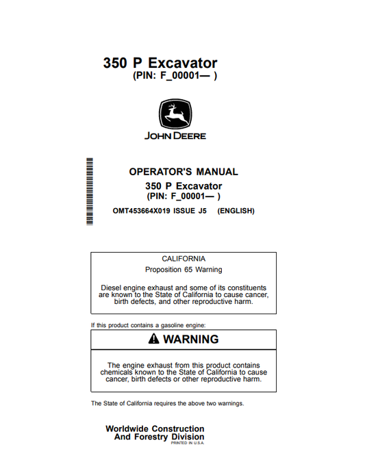 JOHN DEERE 350 P EXCAVATOR OPERATOR MANUAL OMT453664X019