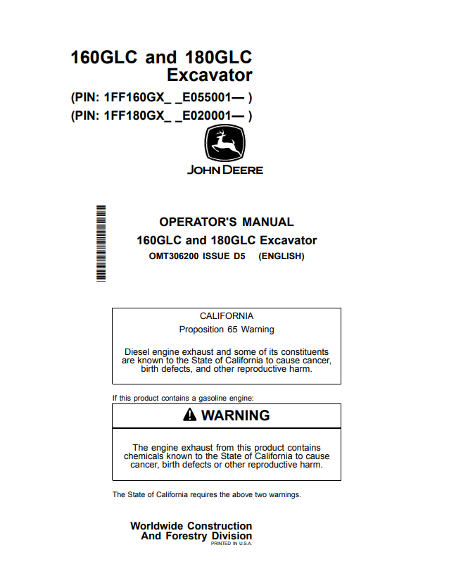 JOHN DEERE 160GLC AND 180GLC EXCAVATOR OPERATOR MANUAL OMT306200