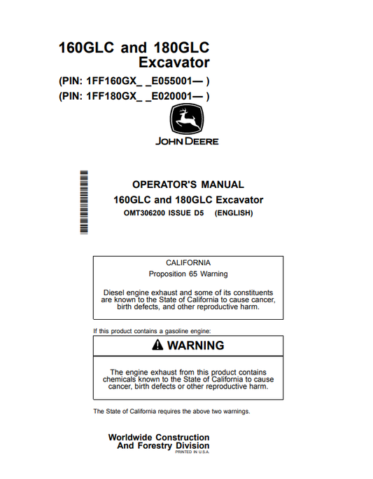 JOHN DEERE 160GLC AND 180GLC EXCAVATOR OPERATOR MANUAL OMT306200