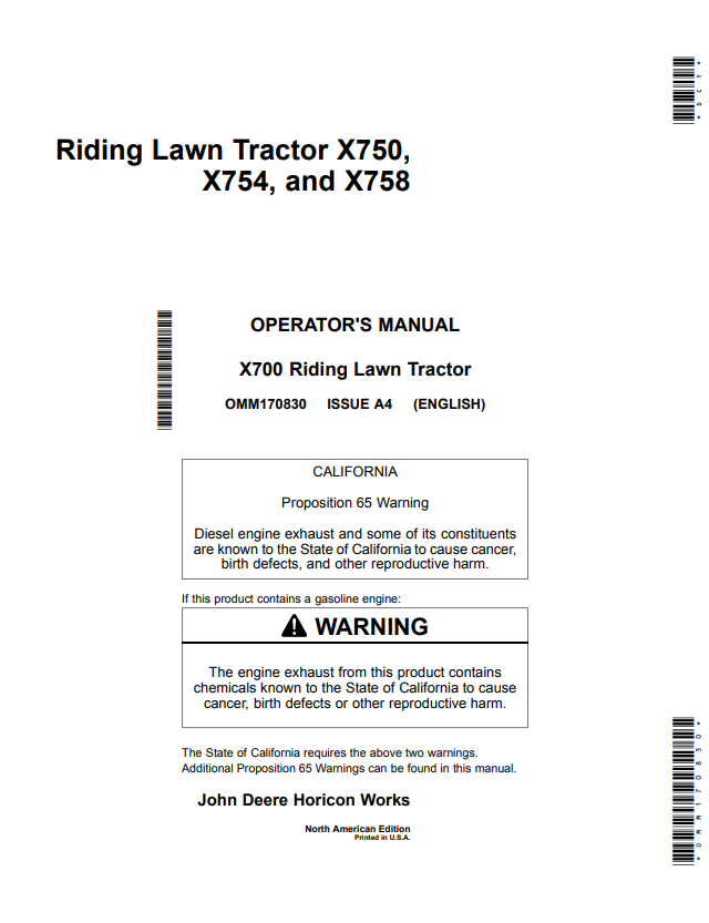 JOHN DEERE X750, X754, AND X758, X700 RIDING LAWN TRACTOR OPERATOR MANUAL OMM170830