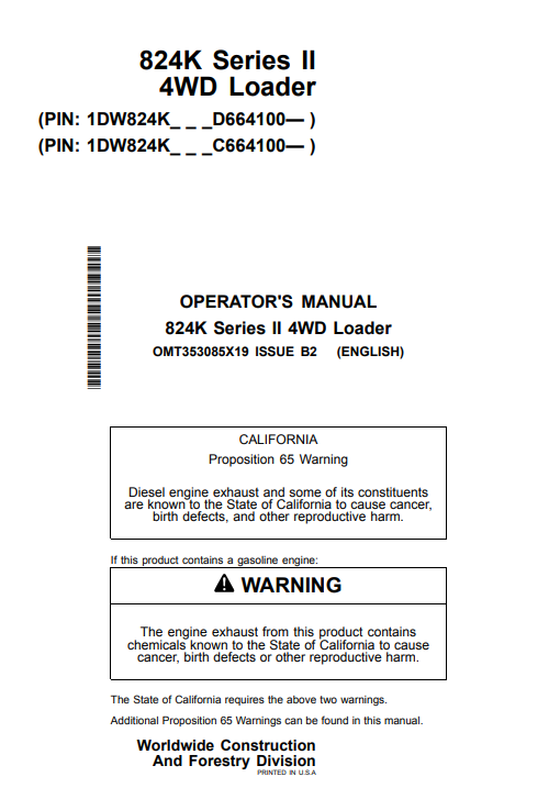 JOHN DEERE 824K SERIES II 4WD LOADER OPERATOR MANUAL OMT353085X19