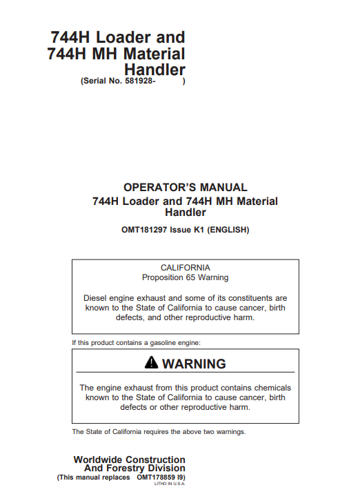 JOHN DEERE 744H LOADER AND 744H MH MATERIAL HANDLER OPERATOR MANUAL OMT181297