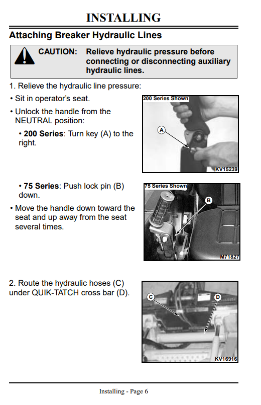 JOHN DEERE HYDRAULIC BREAKER HB15, HB30, HB50 AND HB75 FOR 240, 250, 260, 270 AND 4475, 5575, 6675, 7775, 8875 SKID STEER OPERATOR MANUAL OMKV16791