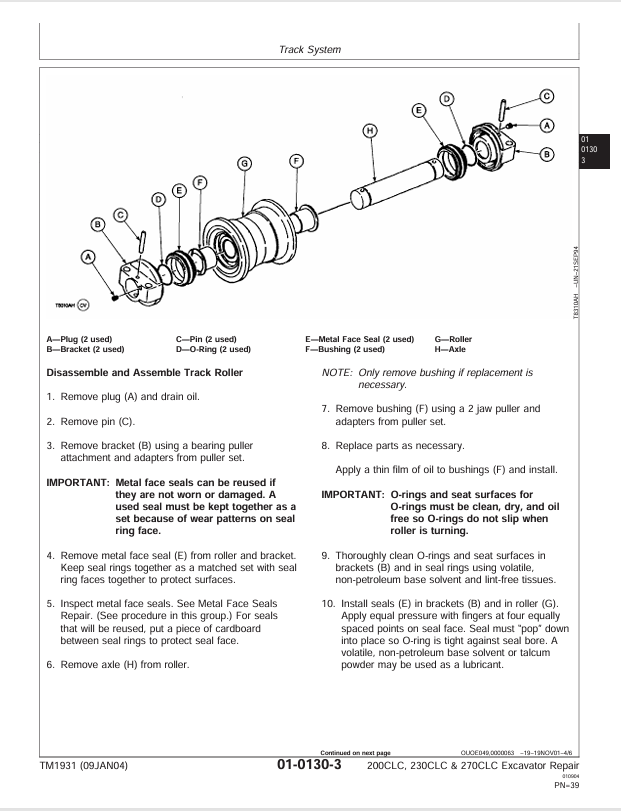 JOHN DEERE 200CLC, 230CLC AND 270CLC EXCAVATOR REPAIR TECHNICAL MANUAL TM1931