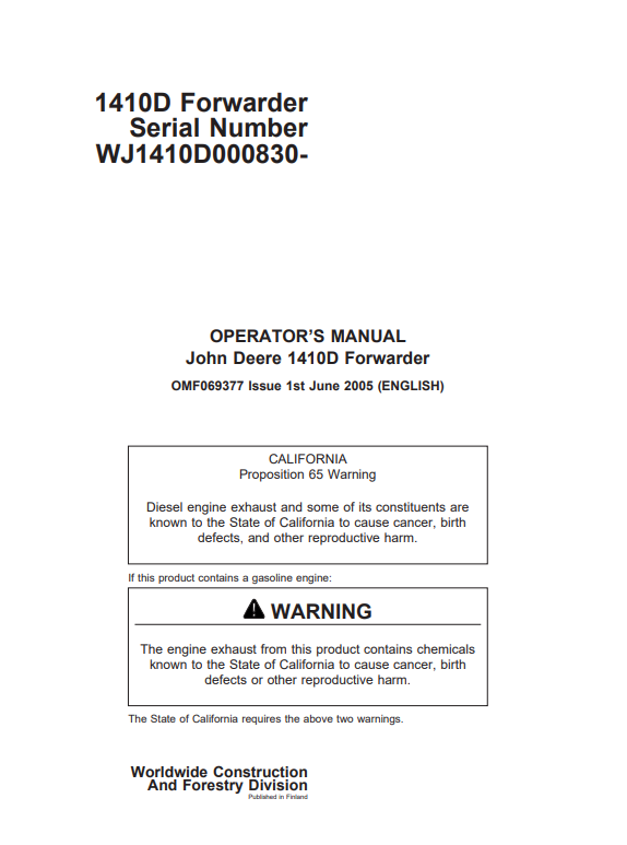 JOHN DEERE 1410D FORWARDER OPERATOR MANUAL OMF069377