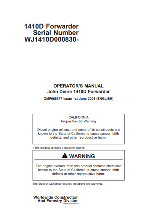JOHN DEERE 1410D FORWARDER OPERATOR MANUAL OMF069377