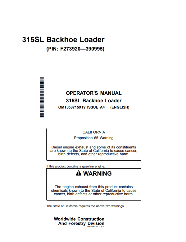 JOHN DEERE 315SL BACKHOE LOADER OPERATOR MANUAL OMT358715X19