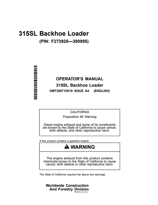 JOHN DEERE 315SL BACKHOE LOADER OPERATOR MANUAL OMT358715X19