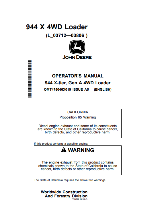 JOHN DEERE 944 X-TIER, GEN A 4WD LOADER OPERATOR MANUAL OMT475046X019