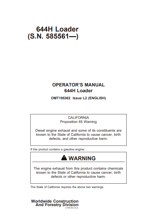 JOHN DEERE 644H LOADER OPERATOR MANUAL OMT195362