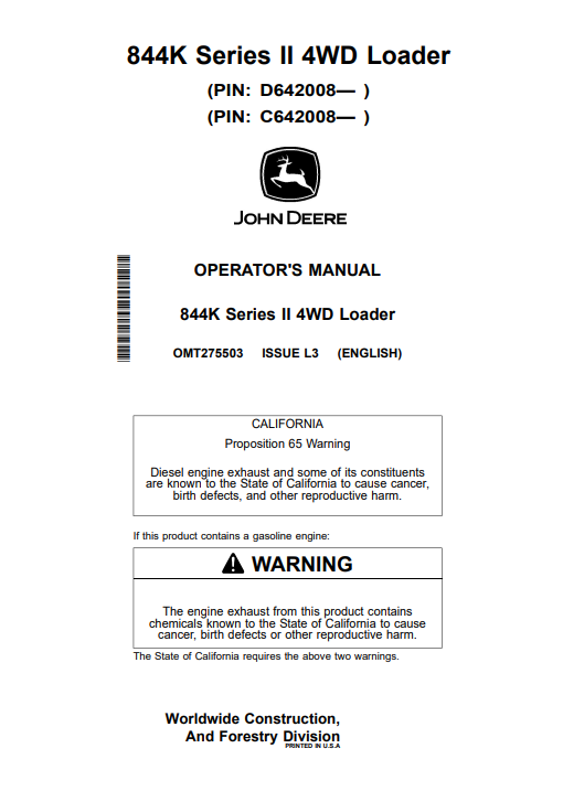JOHN DEERE 844K SERIES II 4WD LOADER OPERATOR MANUAL OMT275503