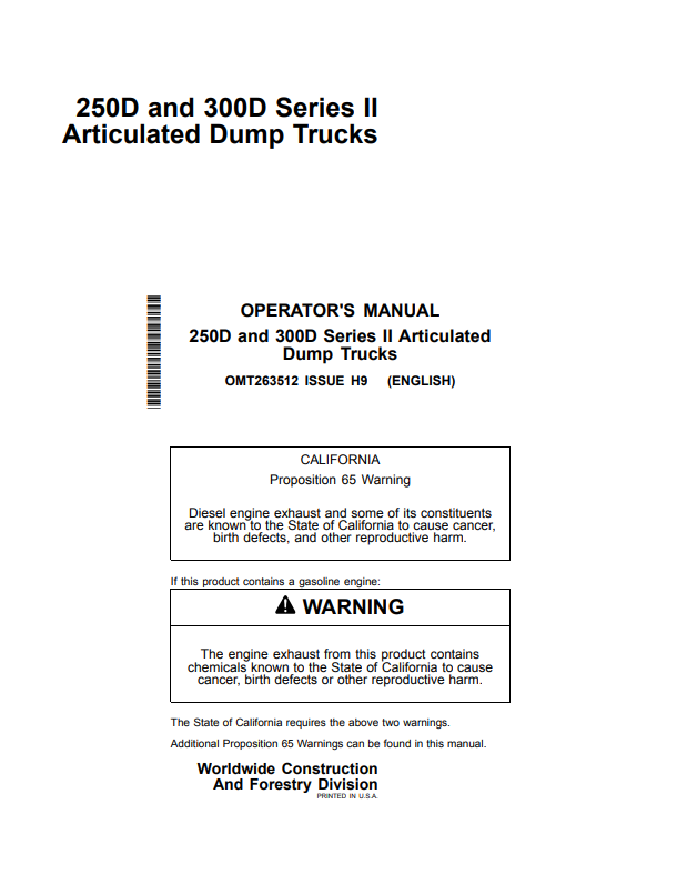 JOHN DEERE 250D AND 300D SERIES II ARTICULATED DUMP TRUCK OPERATOR MANUAL OMT263512