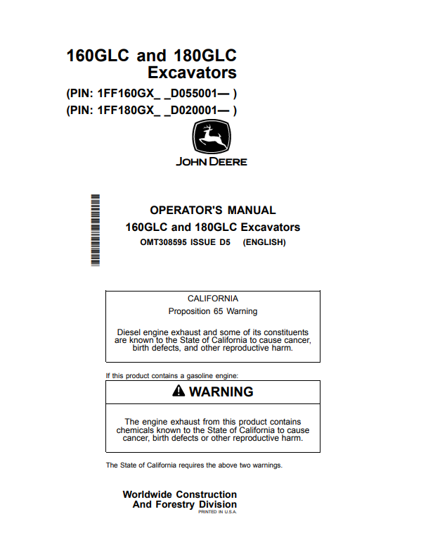 JOHN DEERE 160GLC AND 180GLC EXCAVATOR OPERATOR MANUAL OMT308595