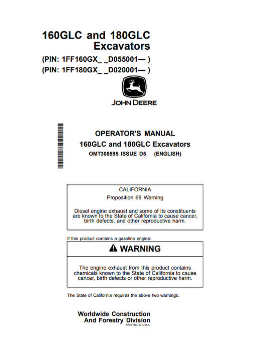 JOHN DEERE 160GLC AND 180GLC EXCAVATOR OPERATOR MANUAL OMT308595