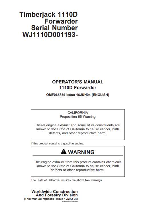 JOHN DEERE TIMBERJACK 1110D FORWARDER OPERATOR MANUAL OMF065859