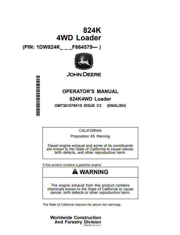 JOHN DEERE 824K4WD LOADER OPERATOR MANUAL OMT351579X19