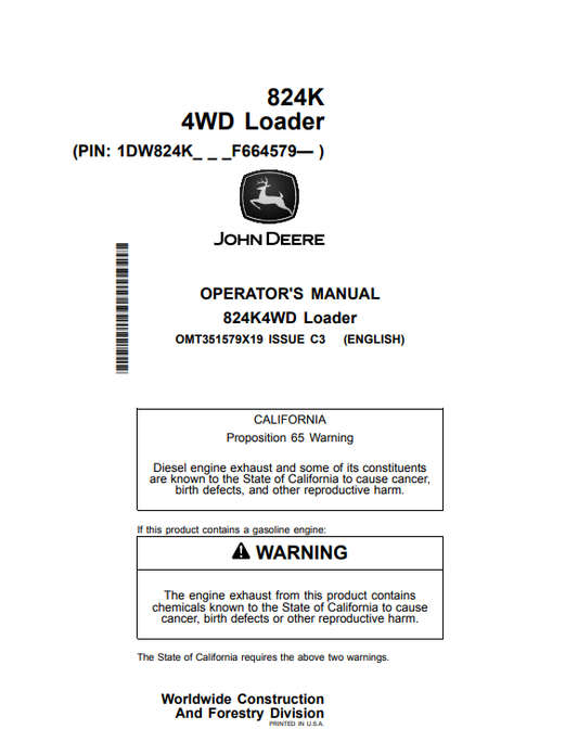JOHN DEERE 824K4WD LOADER OPERATOR MANUAL OMT351579X19