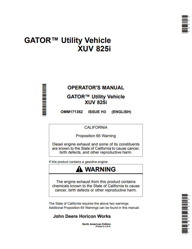 JOHN DEERE GATOR™ UTILITY VEHICLE XUV 825I OPERATOR MANUAL OMM171352