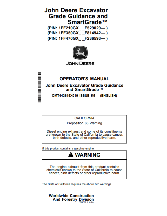 JOHN DEERE 210GLC, 350GLC, 470GLC EXCAVATOR GRADE GUIDANCE AND SMARTGRADE™ OPERATOR MANUAL OMT443615X019