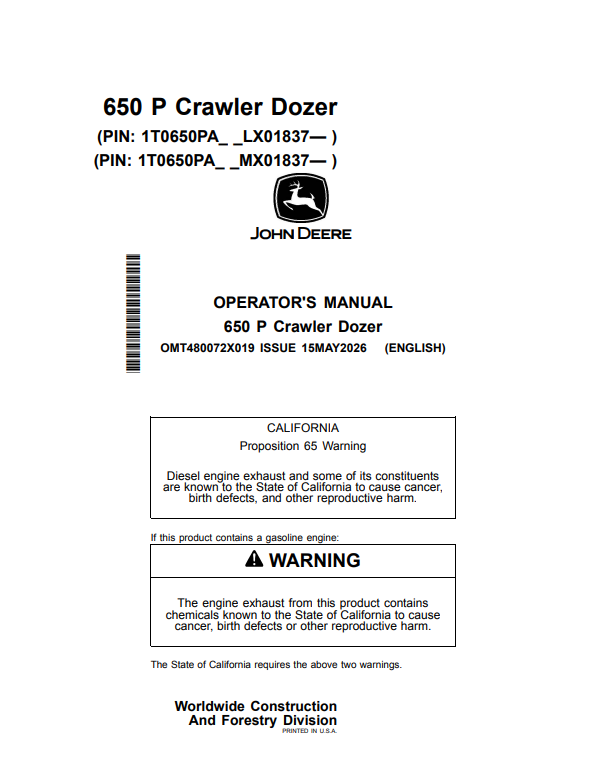 JOHN DEERE 650 P CRAWLER DOZER OPERATOR MANUAL OMT480072X019