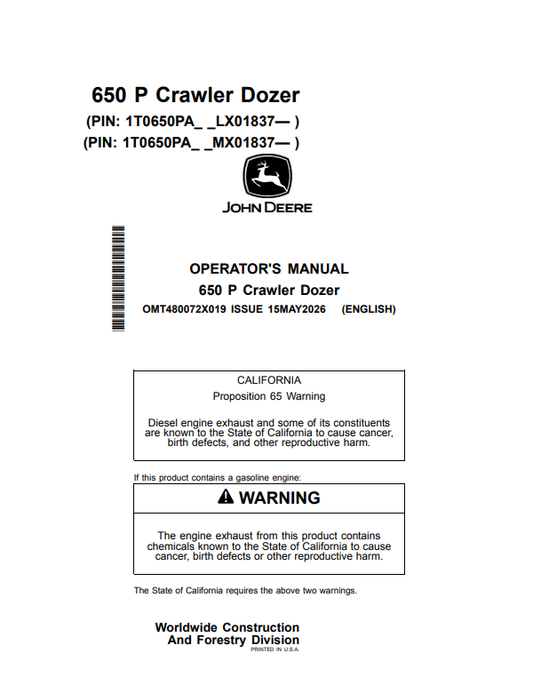 JOHN DEERE 650 P CRAWLER DOZER OPERATOR MANUAL OMT480072X019