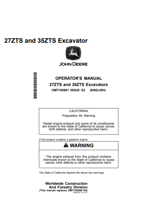 JOHN DEERE 27ZTS AND 35ZTS EXCAVATOR OPERATOR MANUAL OMT185901