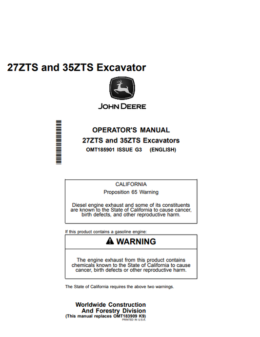 JOHN DEERE 27ZTS AND 35ZTS EXCAVATOR OPERATOR MANUAL OMT185901
