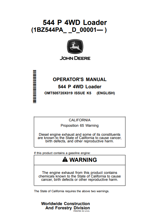 JOHN DEERE 544 P 4WD LOADER OPERATOR MANUAL OMT505720X019
