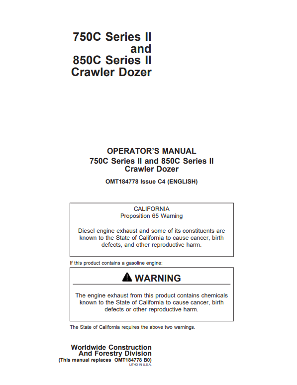 JOHN DEERE 750C SERIES II AND 850C SERIES II CRAWLER DOZER OPERATOR MANUAL OMT184778