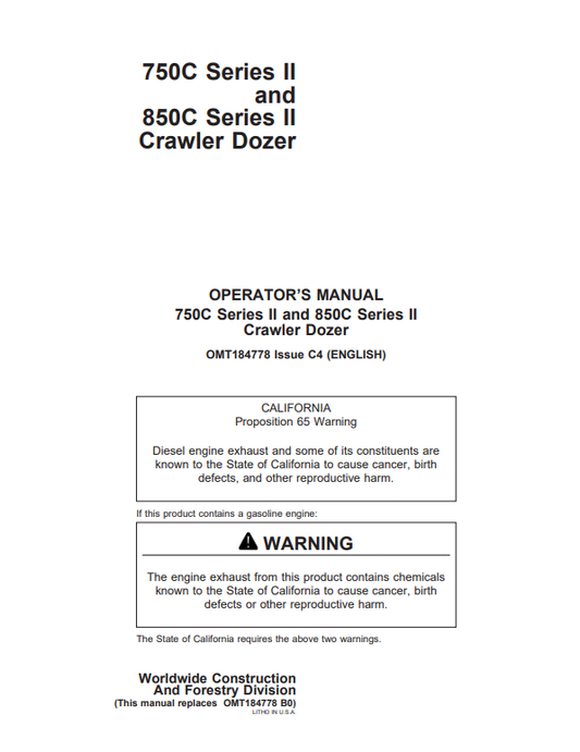 JOHN DEERE 750C SERIES II AND 850C SERIES II CRAWLER DOZER OPERATOR MANUAL OMT184778