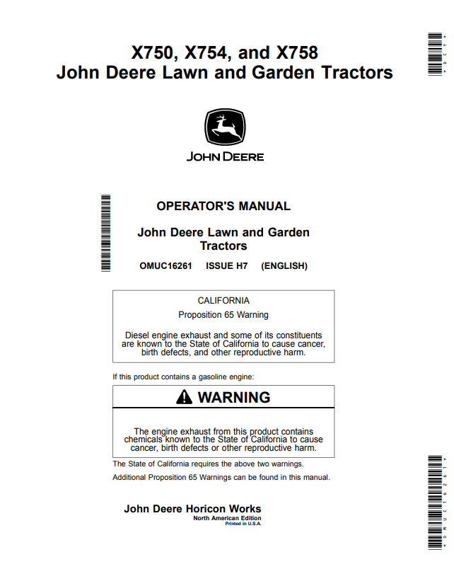 JOHN DEERE X750, X754, AND X758 LAWN AND GARDEN TRACTOR OPERATOR MANUAL OMUC16261