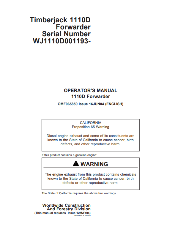 JOHN DEERE 1110D FORWARDER OPERATOR MANUAL OMF065859