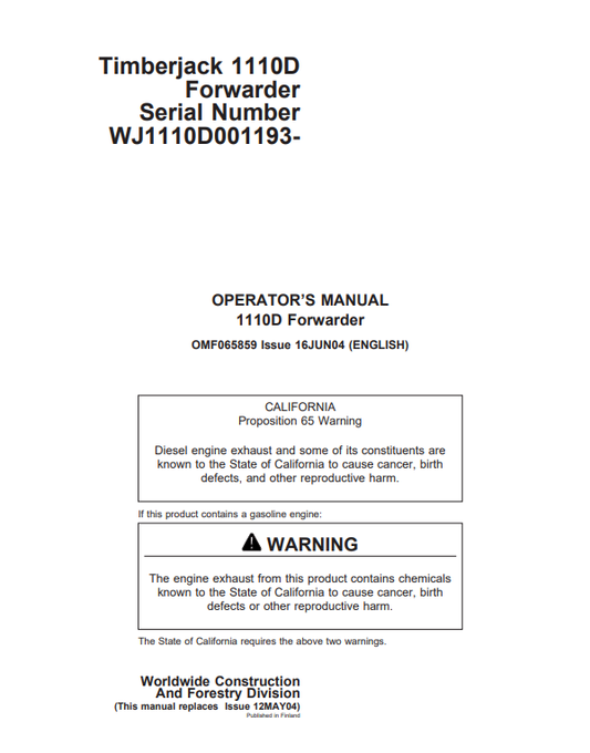 JOHN DEERE 1110D FORWARDER OPERATOR MANUAL OMF065859