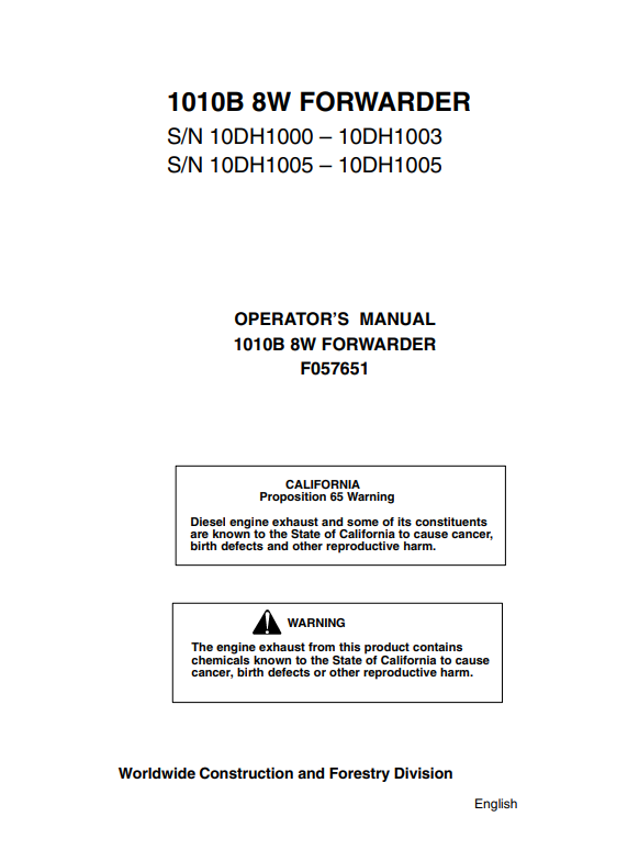 JOHN DEERE 1010B 8W FORWARDER OPERATOR MANUAL F057651