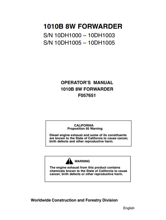 JOHN DEERE 1010B 8W FORWARDER OPERATOR MANUAL F057651