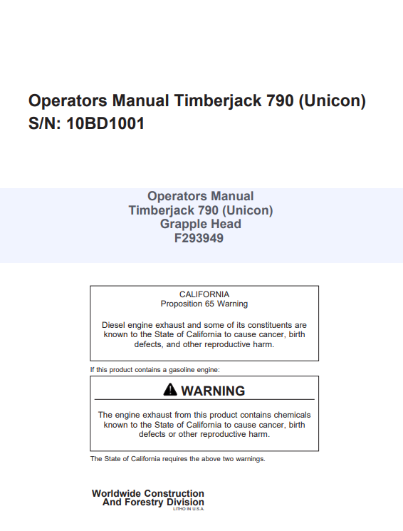 JOHN DEERE TIMBERJACK 790 (UNICON) GRAPPLE HEAD OPERATOR MANUAL F293949