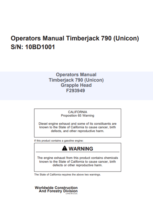JOHN DEERE TIMBERJACK 790 (UNICON) GRAPPLE HEAD OPERATOR MANUAL F293949