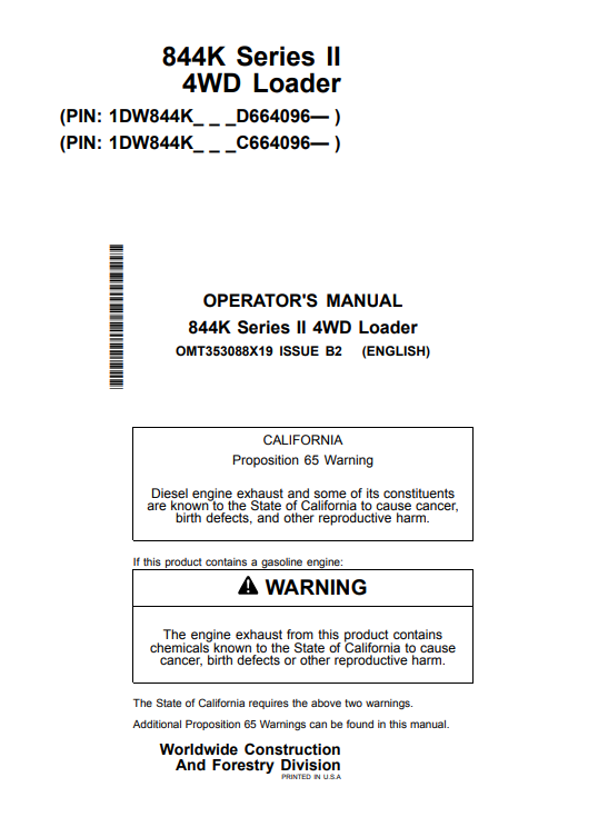 JOHN DEERE 844K SERIES II 4WD LOADER OPERATOR MANUAL OMT353088X19