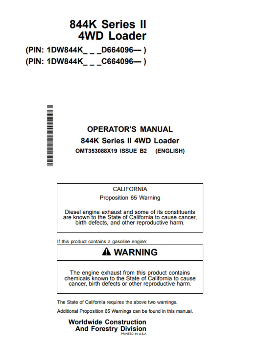JOHN DEERE 844K SERIES II 4WD LOADER OPERATOR MANUAL OMT353088X19