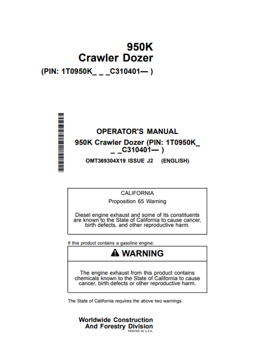 JOHN DEERE 950K CRAWLER DOZER OPERATOR MANUAL OMT369304X19