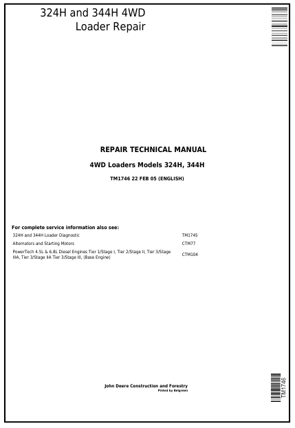 JOHN DEERE 324H AND 344H 4WD LOADER REPAIR TECHNICAL MANUAL TM1746